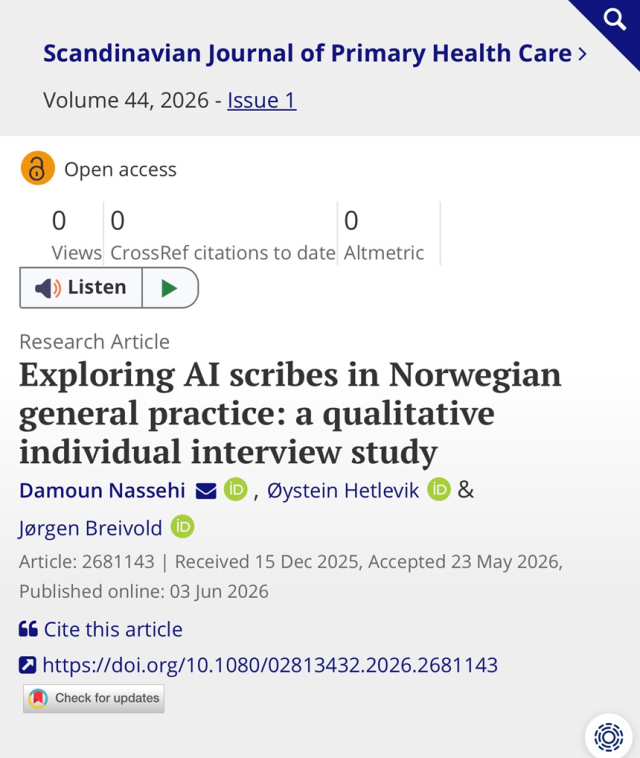 Skjermbilde av artikkelen i Scandinavian Journal of Primary Health Care