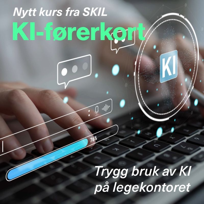 Illustrasjon for SKIL-kurset KI-førerkort: hender som skriver på en laptop, med grafiske symboler for kunstig intelligens